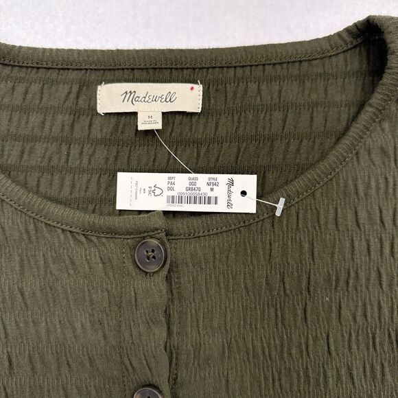 Madewell Mini Dress Medium Green Crinkle Knit Tiered Puff Sleeves Buttons NEW‎ - Picture 7 of 10